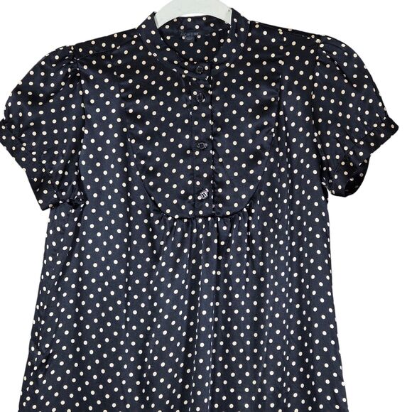 Alice Ritter Shirt Dress Womens 2 100% Silk Black Gold Polka Dot Rounded Hem - Picture 2 of 9